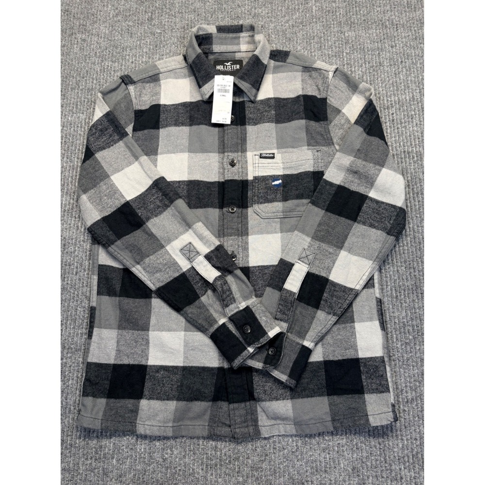 Hollister Mens Grey Black Buffalo Plaid Flannel Button Down Shirt XS New